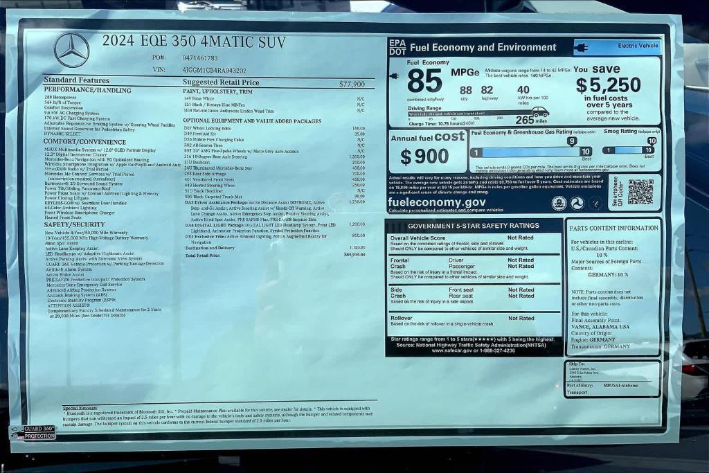 new 2024 Mercedes-Benz EQE 350 car, priced at $85,935