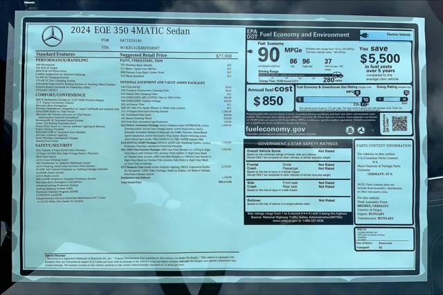 new 2024 Mercedes-Benz EQE 350 car, priced at $89,615