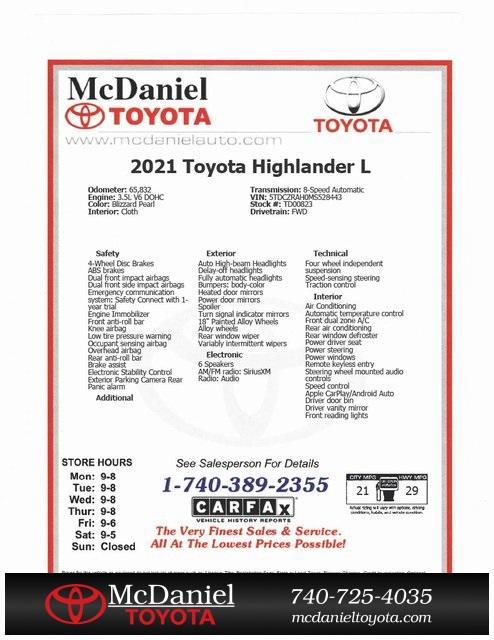 used 2021 Toyota Highlander car, priced at $27,900