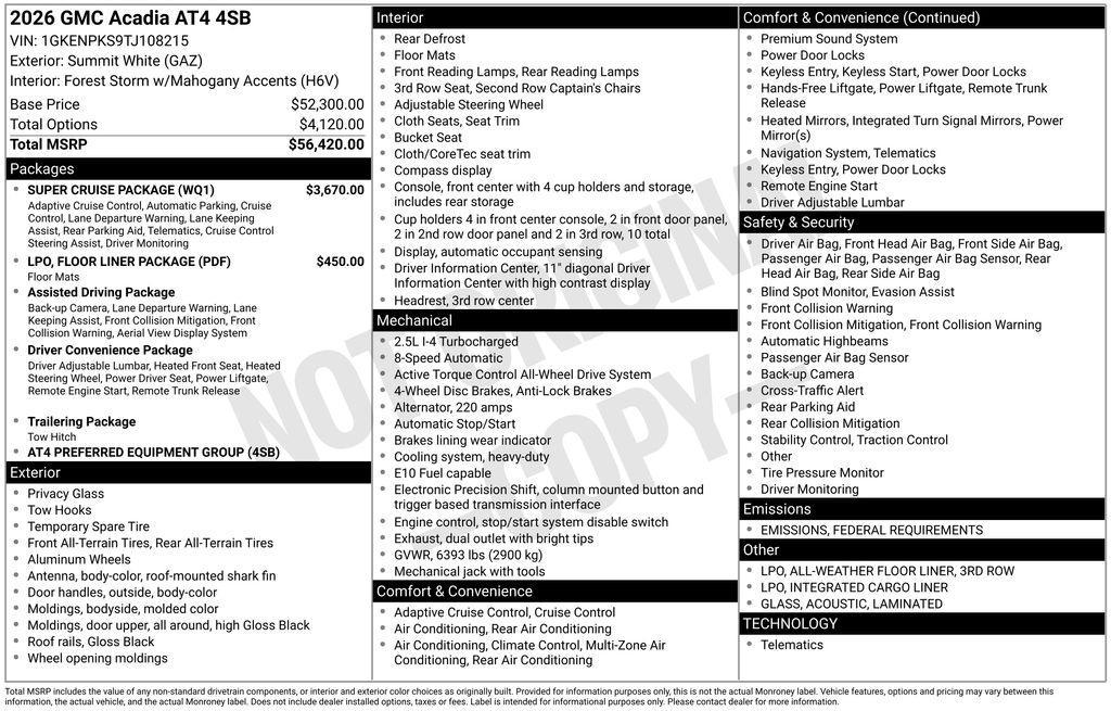 new 2026 GMC Acadia car, priced at $53,906