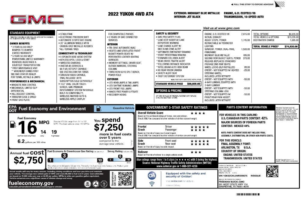 used 2022 GMC Yukon car, priced at $64,925