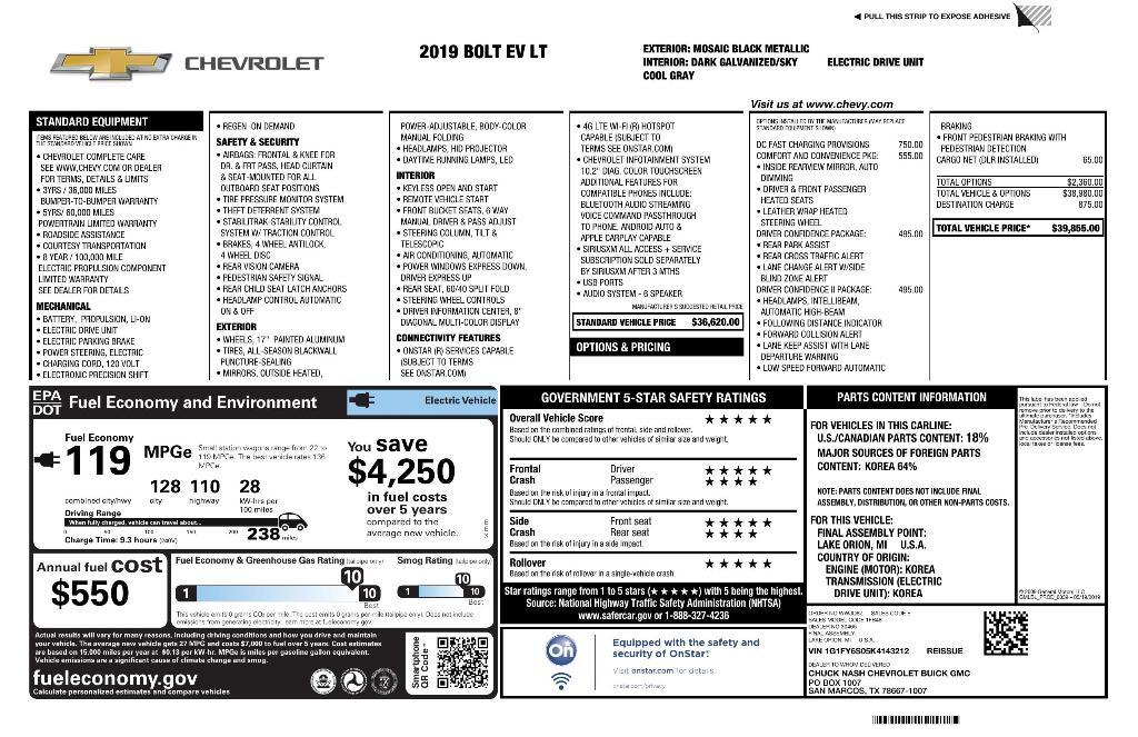 used 2019 Chevrolet Bolt EV car, priced at $15,330