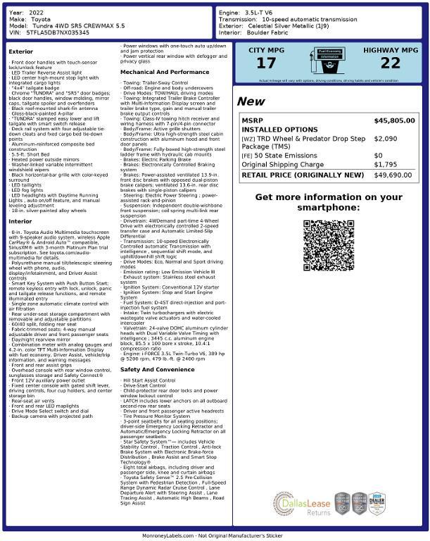 used 2022 Toyota Tundra car, priced at $34,722