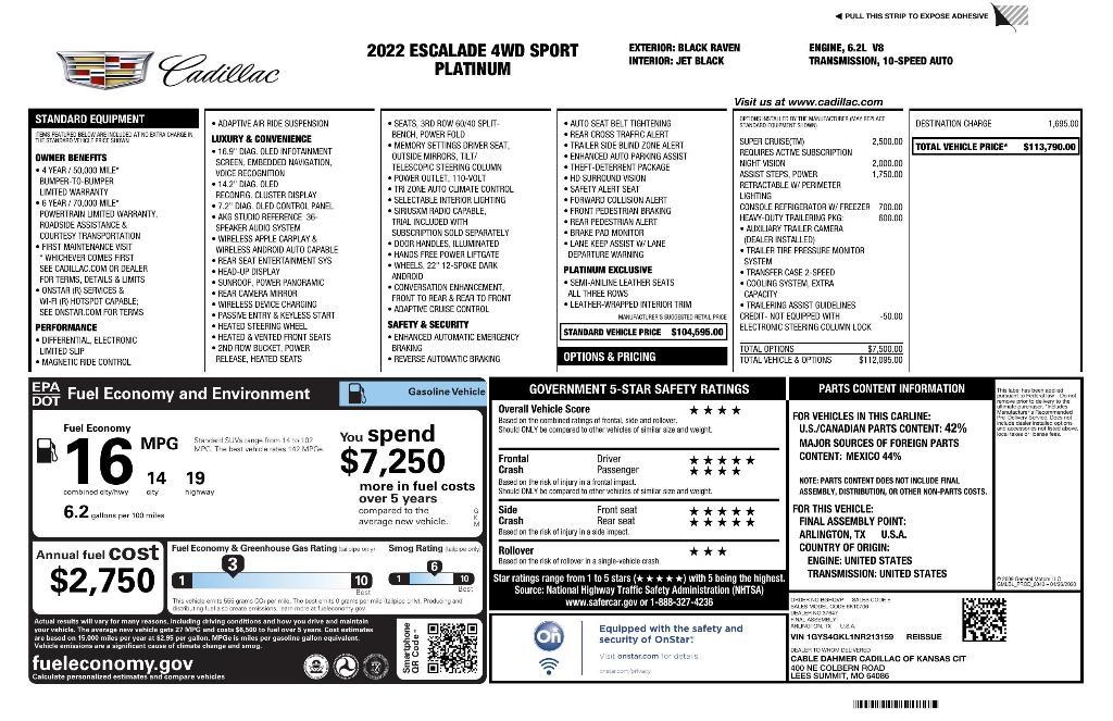 used 2022 Cadillac Escalade car, priced at $79,817