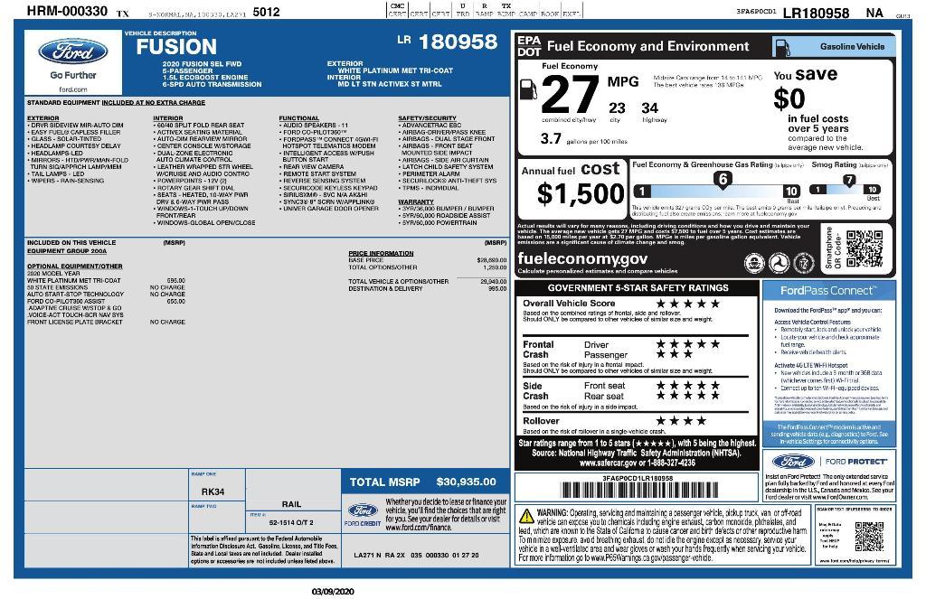 used 2020 Ford Fusion car, priced at $18,774