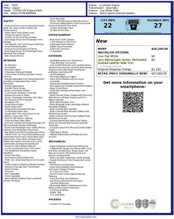 used 2020 Jaguar F-PACE car, priced at $26,382