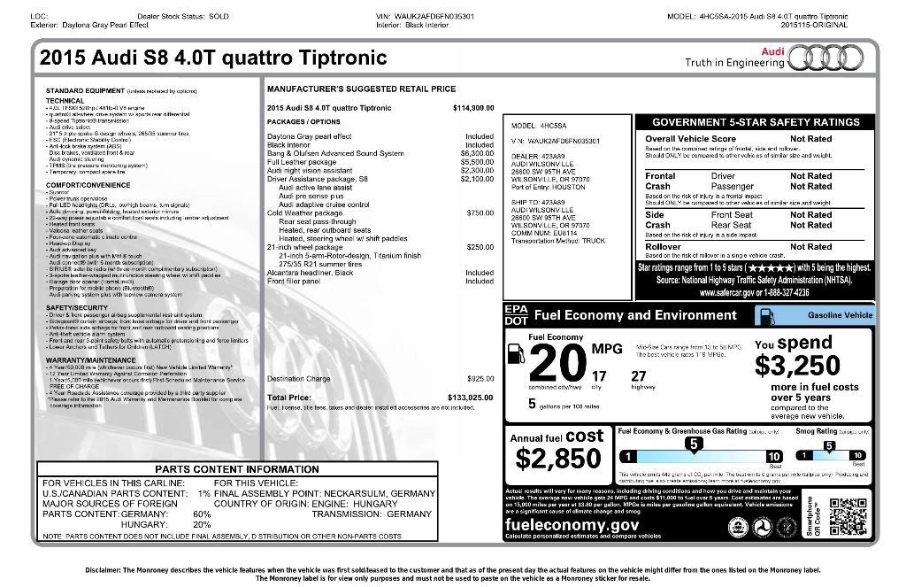 used 2015 Audi S8 car, priced at $28,285