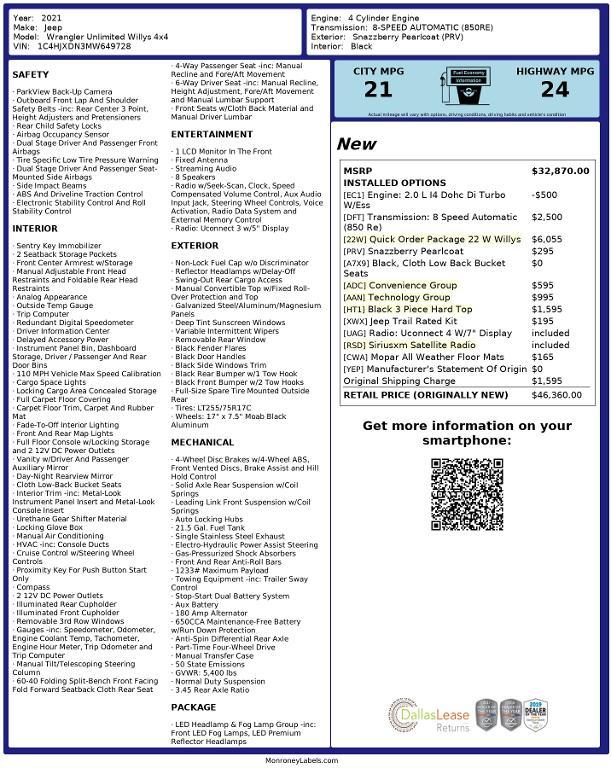 used 2021 Jeep Wrangler Unlimited car, priced at $31,612