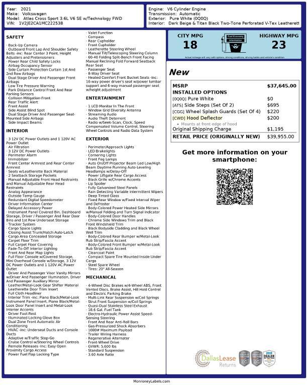 used 2021 Volkswagen Atlas Cross Sport car, priced at $23,728