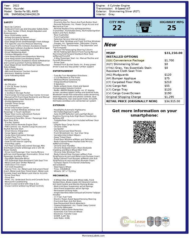 used 2022 Hyundai Santa Fe car, priced at $27,375