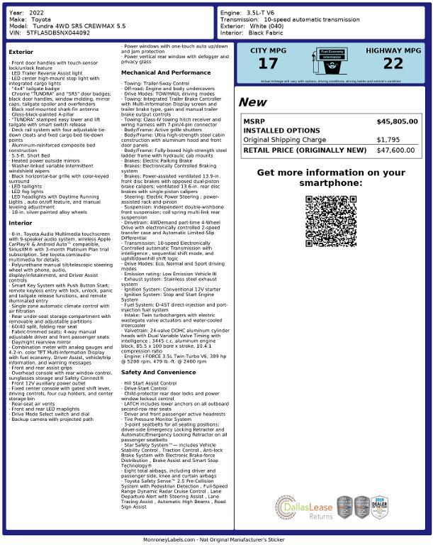 used 2022 Toyota Tundra car, priced at $44,724
