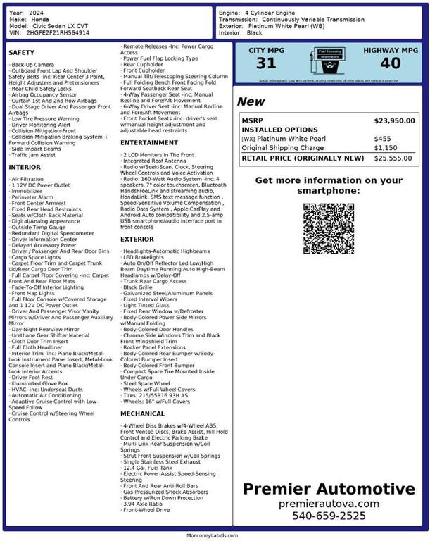 used 2024 Honda Civic car, priced at $19,999