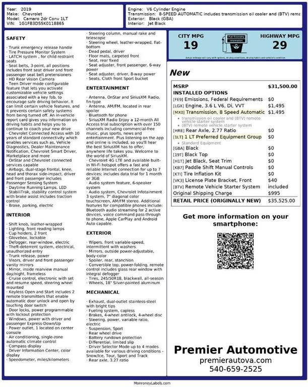 used 2019 Chevrolet Camaro car, priced at $13,450