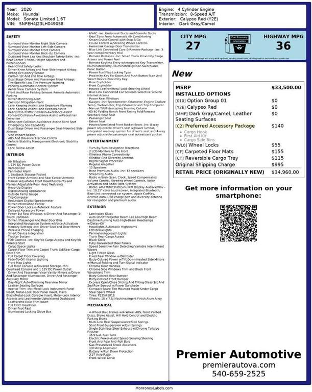 used 2020 Hyundai Sonata car, priced at $13,999