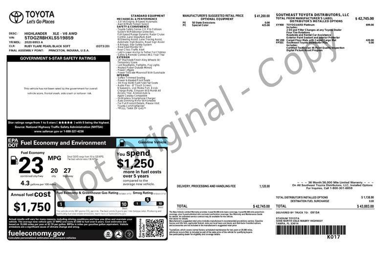 used 2020 Toyota Highlander car, priced at $28,450