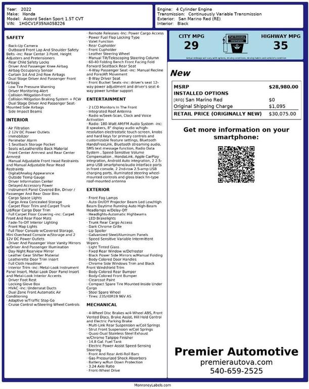 used 2022 Honda Accord car, priced at $21,999