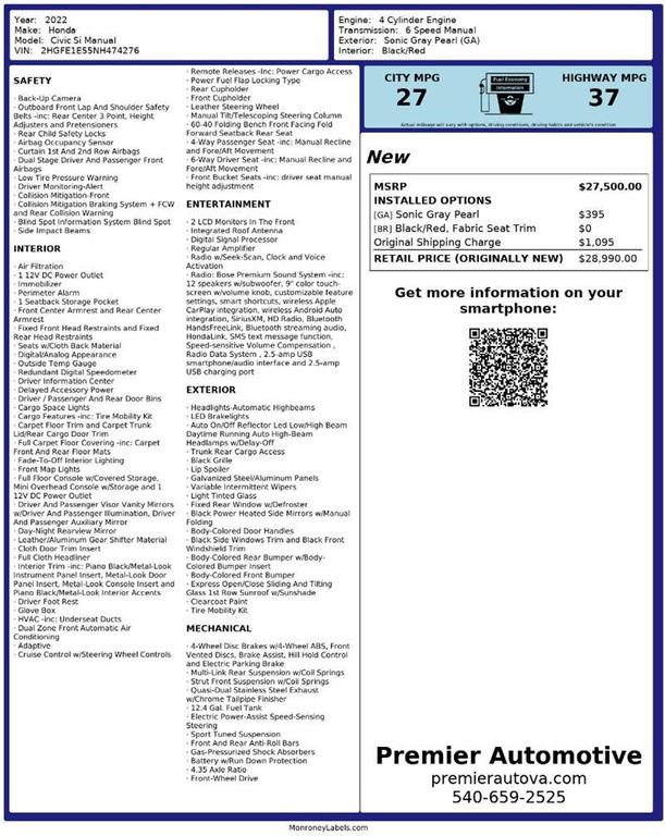 used 2022 Honda Civic Si car, priced at $23,999