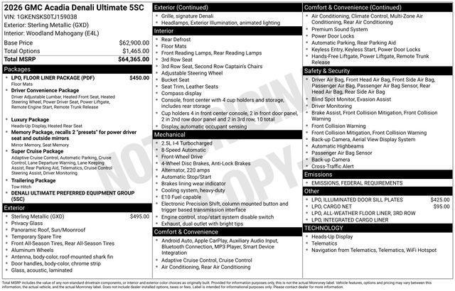 new 2026 GMC Acadia car, priced at $66,260