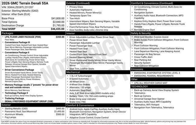new 2026 GMC Terrain car, priced at $45,042