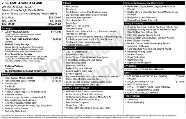 new 2026 GMC Acadia car, priced at $58,360