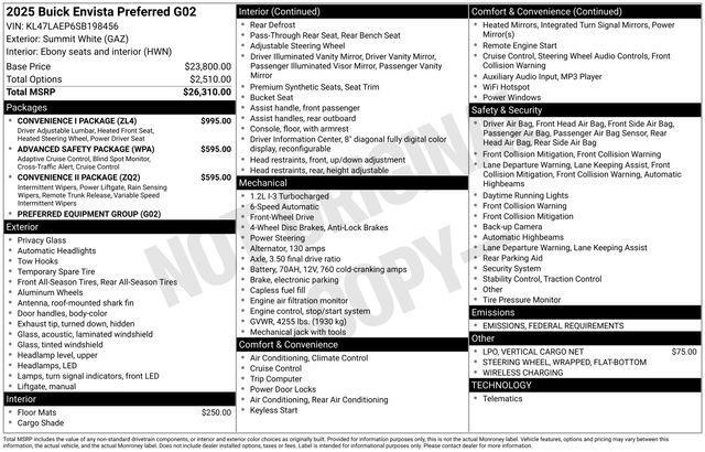 new 2025 Buick Envista car, priced at $27,605