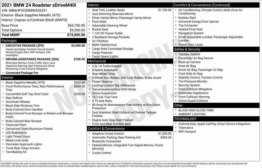 used 2021 BMW Z4 car, priced at $49,795