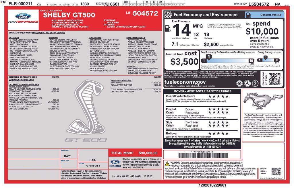 used 2020 Ford Shelby GT500 car, priced at $93,500