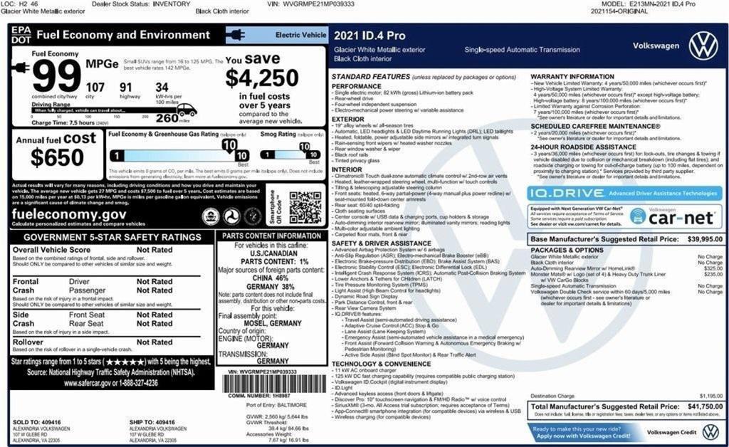 used 2021 Volkswagen ID.4 car, priced at $18,700