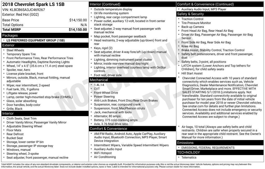 used 2018 Chevrolet Spark car, priced at $8,990