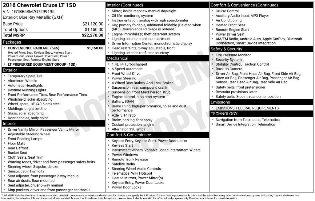 used 2016 Chevrolet Cruze car, priced at $8,990