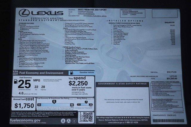 new 2022 Lexus NX 350 car, priced at $51,510