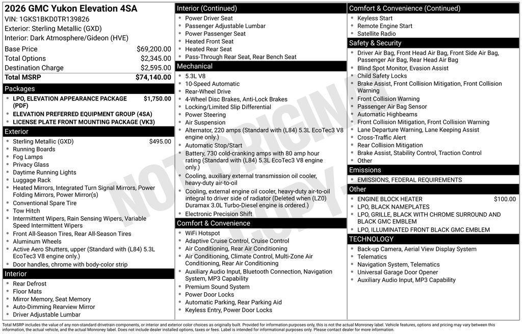 new 2026 GMC Yukon car, priced at $74,140