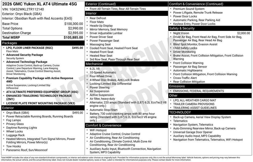 new 2026 GMC Yukon XL car, priced at $105,885