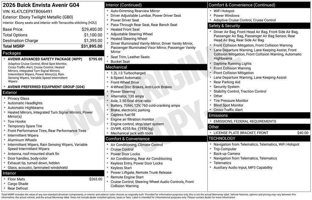 new 2026 Buick Envista car, priced at $31,645