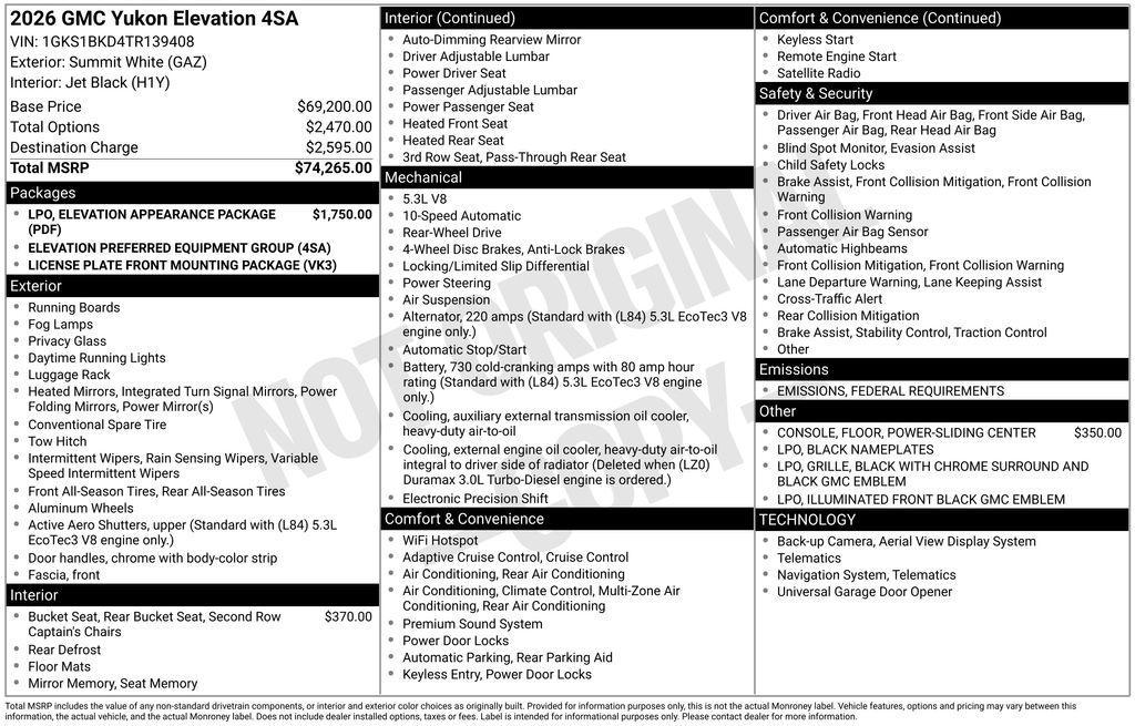 new 2026 GMC Yukon car, priced at $74,265