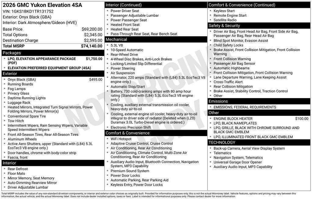 new 2026 GMC Yukon car, priced at $74,140