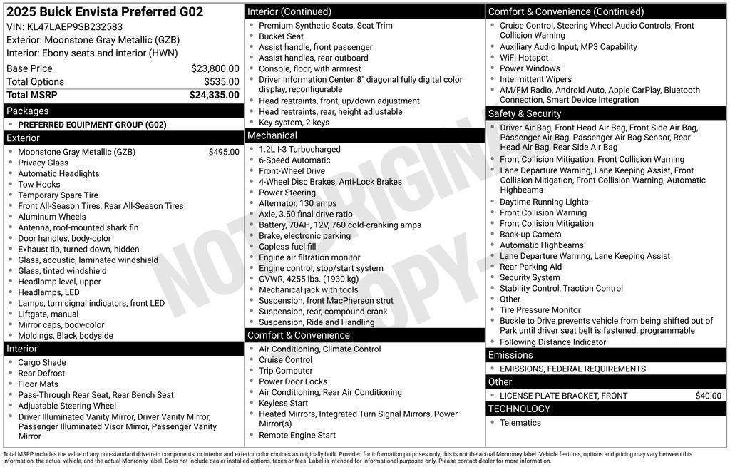 new 2025 Buick Envista car, priced at $24,680