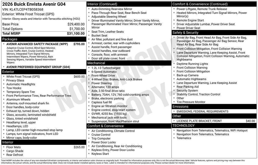 new 2026 Buick Envista car, priced at $32,245