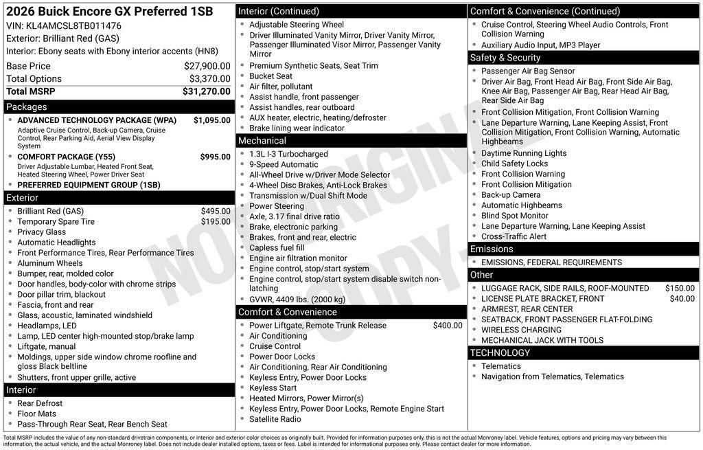 new 2026 Buick Encore GX car, priced at $30,665