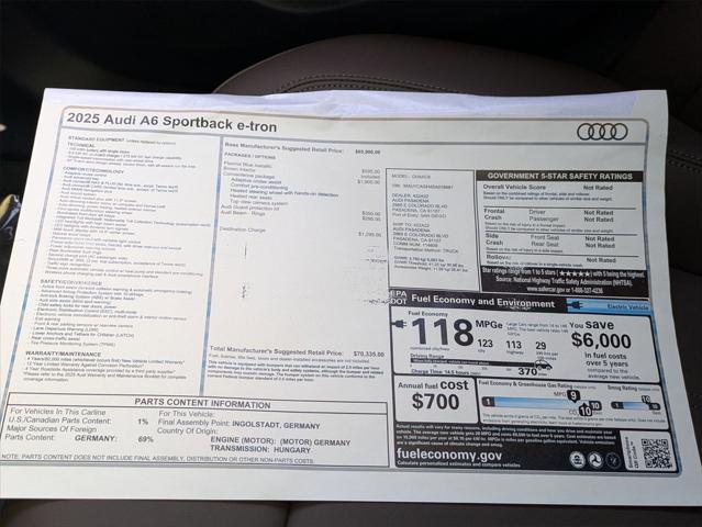 new 2025 Audi A6 e-tron car, priced at $70,335
