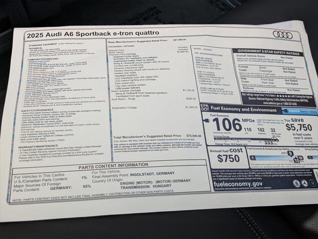 new 2025 Audi A6 e-tron car, priced at $74,540