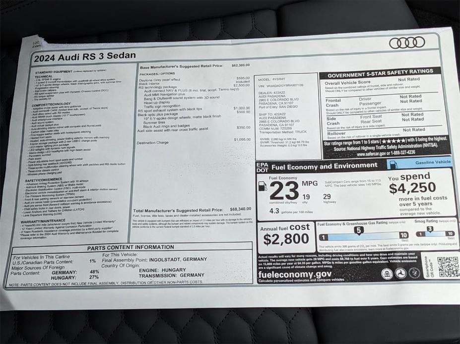 new 2024 Audi RS 3 car, priced at $68,340