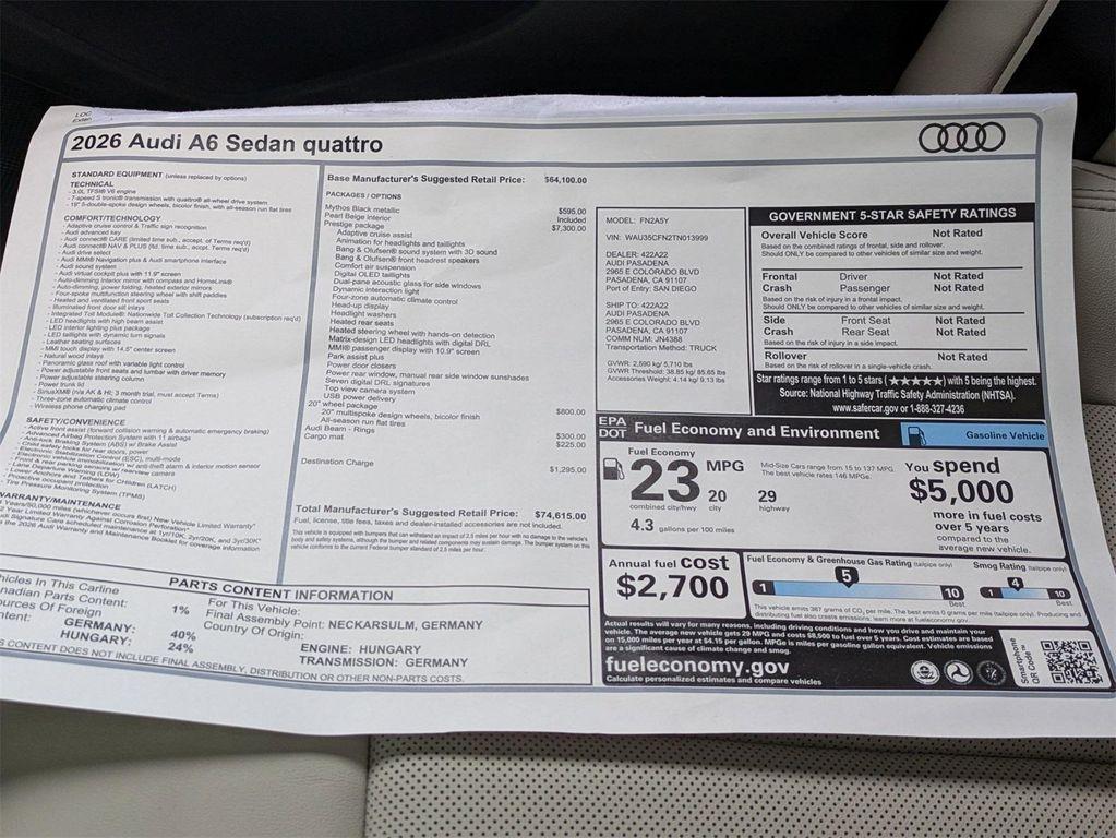 new 2026 Audi A6 car, priced at $74,615