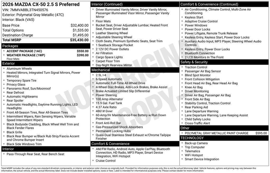 new 2026 Mazda CX-50 car, priced at $35,430