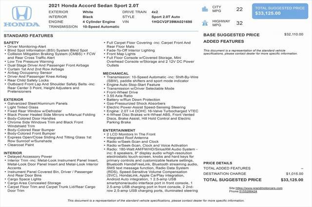 used 2021 Honda Accord car, priced at $26,988