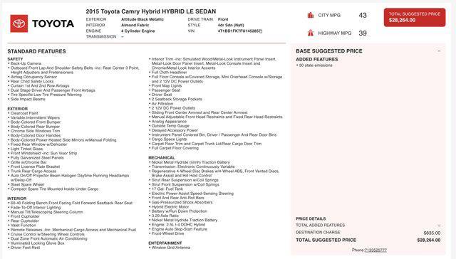 used 2015 Toyota Camry Hybrid car, priced at $6,000
