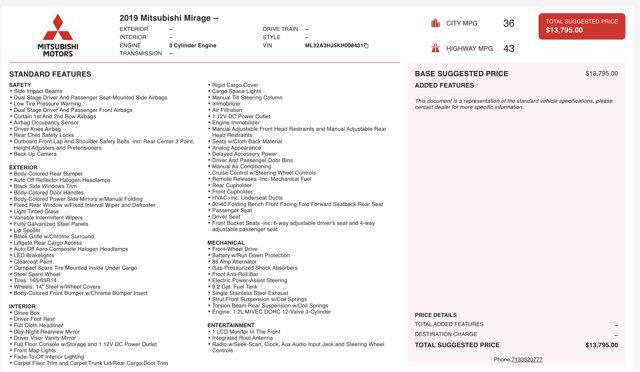 used 2019 Mitsubishi Mirage car, priced at $7,000