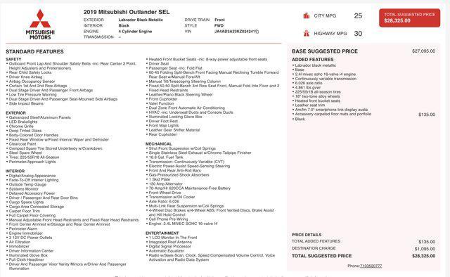 used 2019 Mitsubishi Outlander car, priced at $11,500
