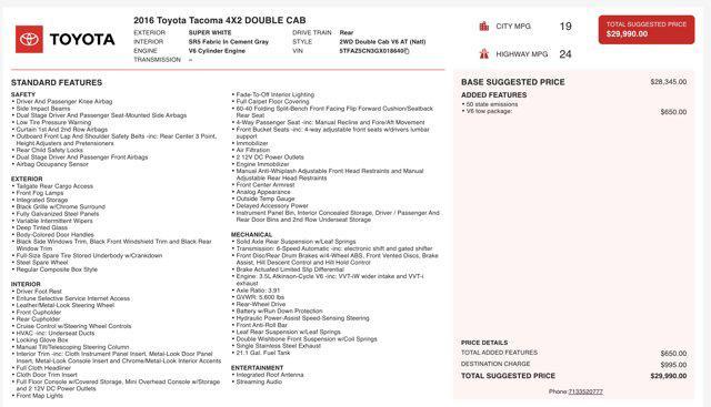 used 2016 Toyota Tacoma car, priced at $22,000