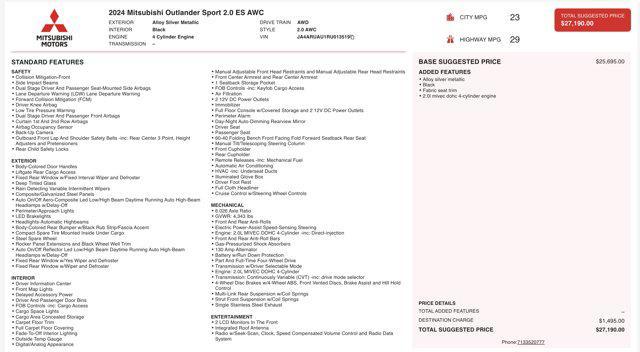 used 2024 Mitsubishi Outlander Sport car, priced at $17,700